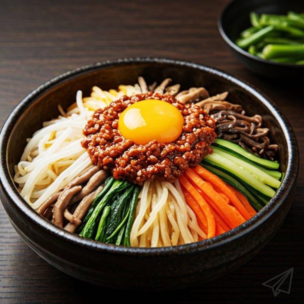 A photo of bibimbap with various vegetables and herbs and an egg on top