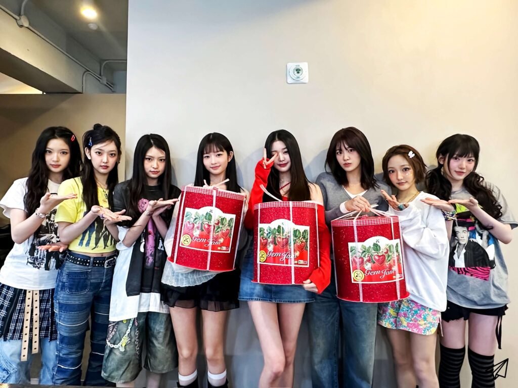 kiikii members stand and pose while holding gift boxes