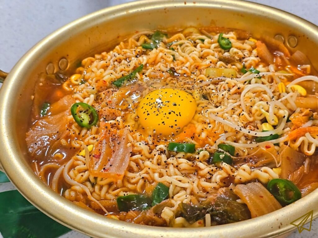 A pot of ramen richly cooked with various ingredients
