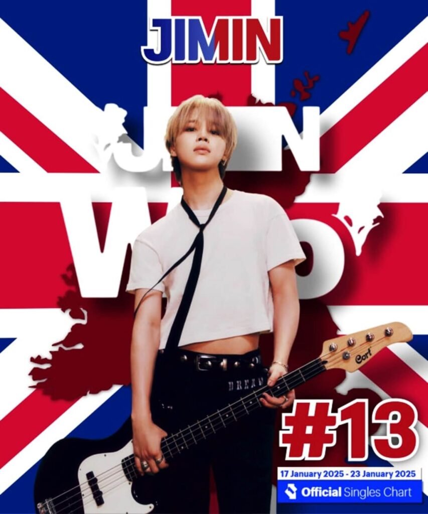 Jimin holding a guitar in front of the British flag